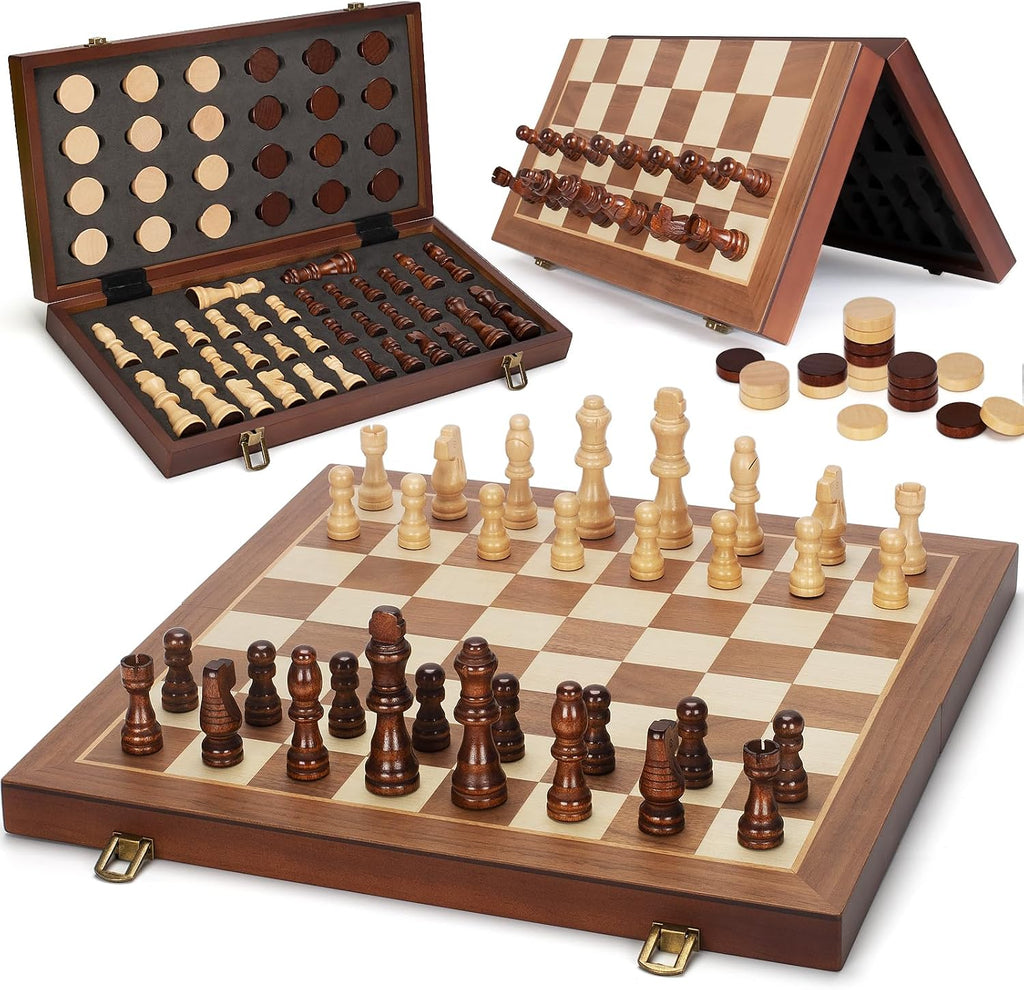 Juego de ajedrez magnético 2 en 1 y juego de mesa de damas, tablero de ajedrez plegable de madera de 15 pulgadas con 2 reinas adicionales, juego de ajedrez de viaje portátil con ranuras de