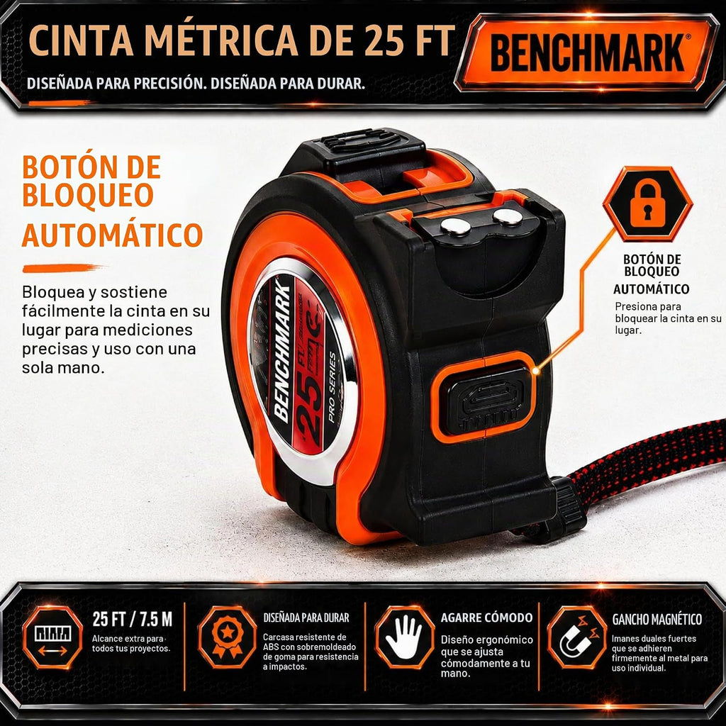 Benchmark - Paquete de 3 - Cinta métrica de 25 pies - Fracciones fáciles de leer a 1/8 de pulgada - Punta magnética - Pulgar y bloqueo rápido - Autowind - Clip para cinturón - Naranja/Rojo