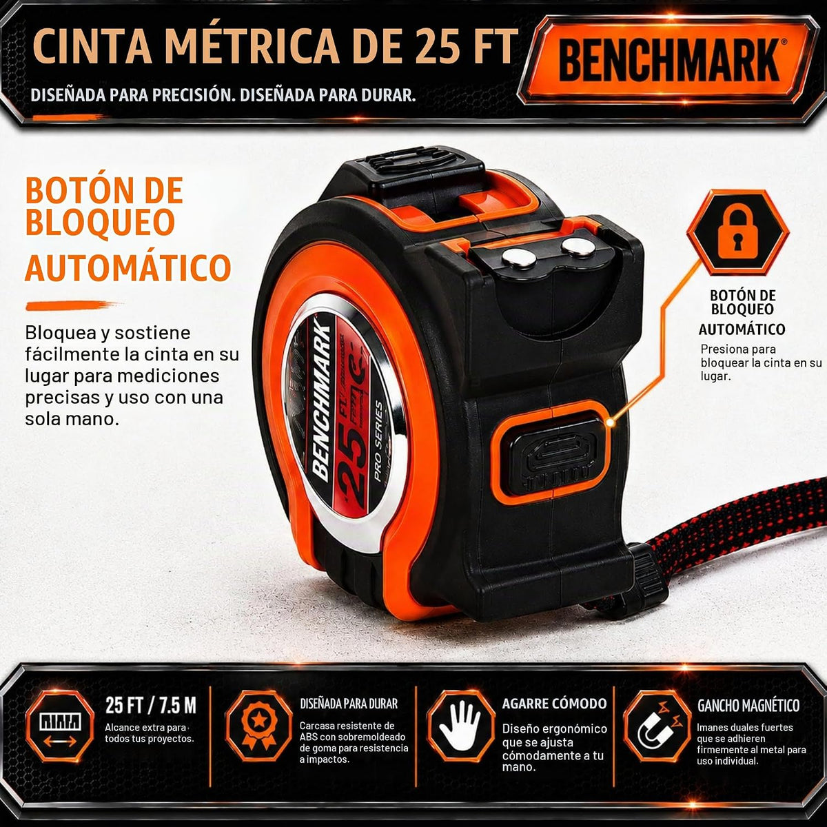 Benchmark - Paquete de 3 - Cinta métrica de 25 pies - Fracciones fáciles de leer a 1/8 de pulgada - Punta magnética - Pulgar y bloqueo rápido - Autowind - Clip para cinturón - Naranja/Rojo