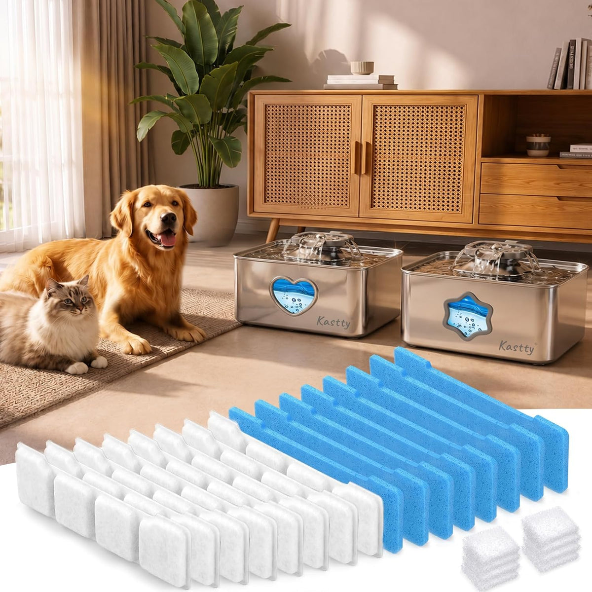 Kastty Filtros de fuente de agua para perros de 15 L, juego de 8 filtros de repuesto para fuente de agua de mascotas de acero inoxidable, filtración de 5 etapas, carbón activado y algodón PP, para