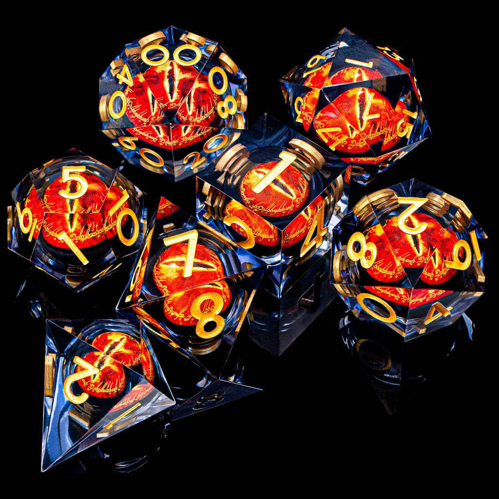ARUOHHA DND - Juego de dados de resina para miradas de ojos, color negro y dorado, núcleo líquido, juego de dados flameantes con borde afilado con caja de regalo, juego de dados poliédricos D y D compatibles con juegos de rol Dungeons Dragons D20 D6
