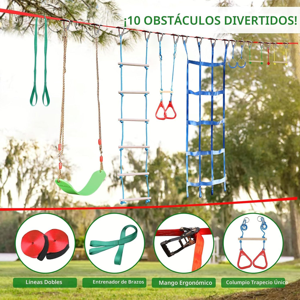Dripex - Carrera de obstáculos ninja warrior de 50 pies para niño con accesorios completos, columpio, trapecio, escalera de cuerda, red de obstáculos más entrenador de brazos de 3.9 pies
