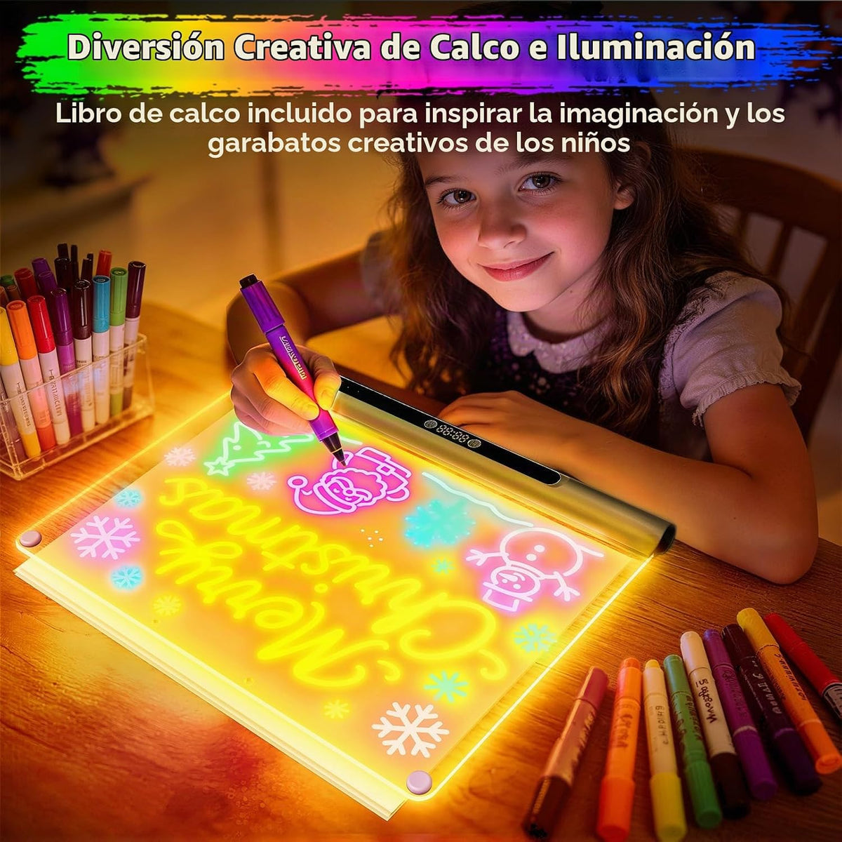 Tablero de dibujo LED recargable de 16 pulgadas, 9 modos de luz de color con temporizador y soporte integrado, bloc de notas de borrado en seco de neón para niños, niñas, adolescentes, 6 marcadores y