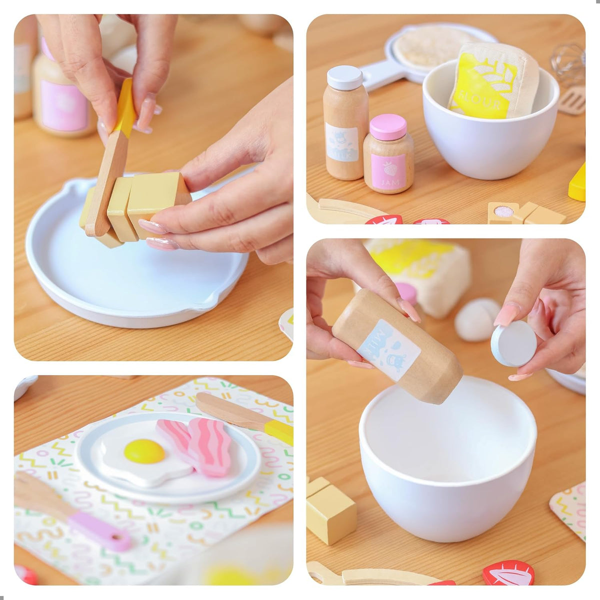 Juego de panqueques de madera – 44 piezas de juguete de cocina con sartén, espátula, jarabe, coberturas y más – Juego de comida de cocina para niños de 3, 4, 5 años