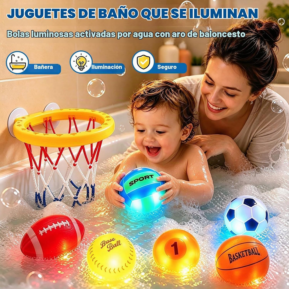 Juguetes de baño iluminados para bebés, juguetes de aro de baloncesto para