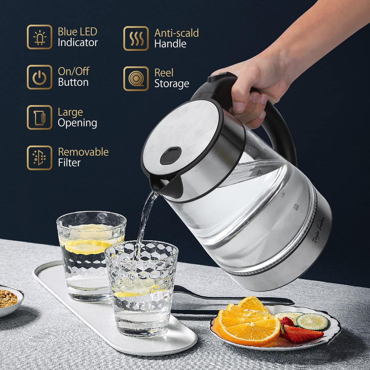Taylor Swoden - Tetera de vidrio eléctrica para agua caliente para té y café de 1.7 litros, hervidor eléctrico de ebullición rápida, hervidor de agua inalámbrico con apagado automático y protección
