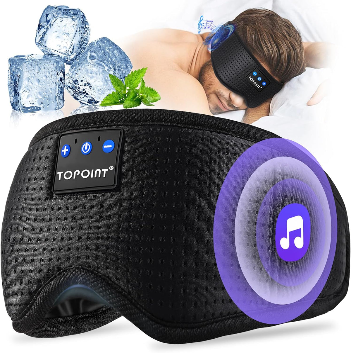 TOPOINT Máscara para dormir con auriculares Bluetooth, máscara de ojos de seda transpirable para dormir para hombres y mujeres, máscara para dormir Bluetooth con bloqueo total con altavoces, micrófono