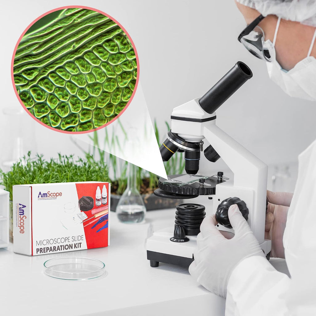 Kit de preparación de portaobjetos de microscopio AmScope - Incluye diapositivas de microscopio en blanco, polvos de colorante rojo eosina y azul de metileno, pinzas, hisopo y más - Kit de 22 piezas