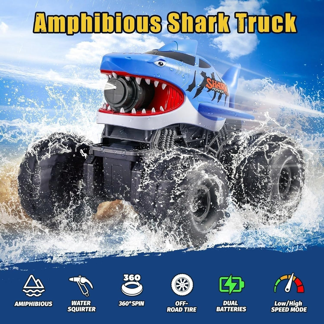 BOBXIN Camión monstruo de tiburón con control remoto anfibio, 4WD t...