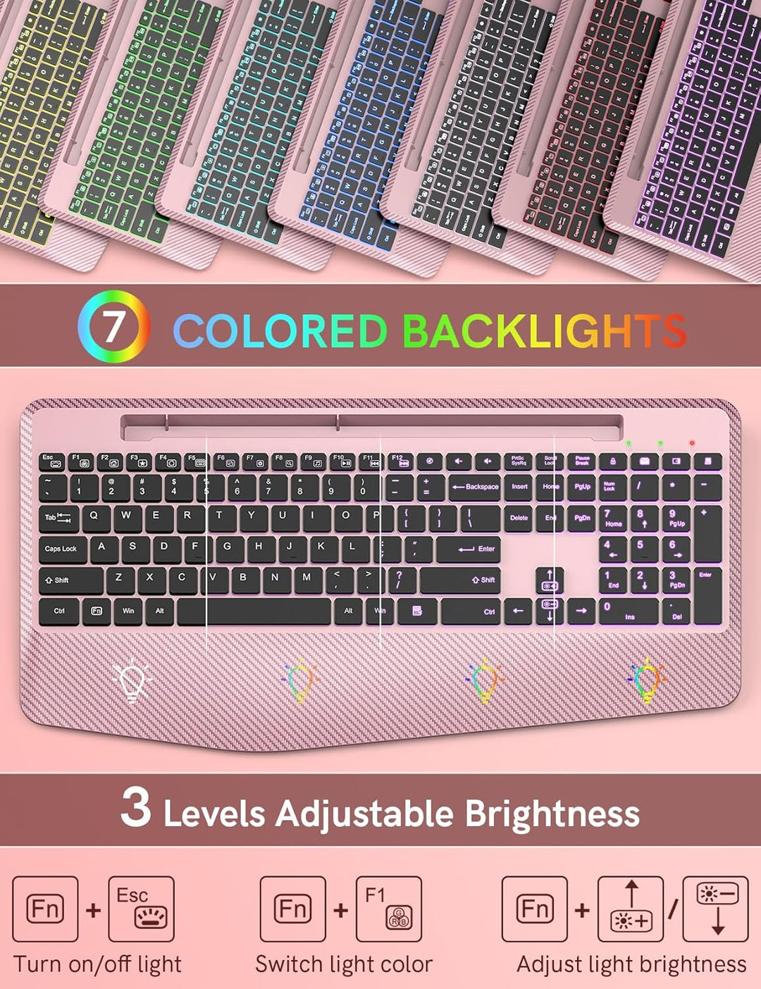 Teclado inalámbrico con retroiluminación de 7 colores, reposamuñeca...