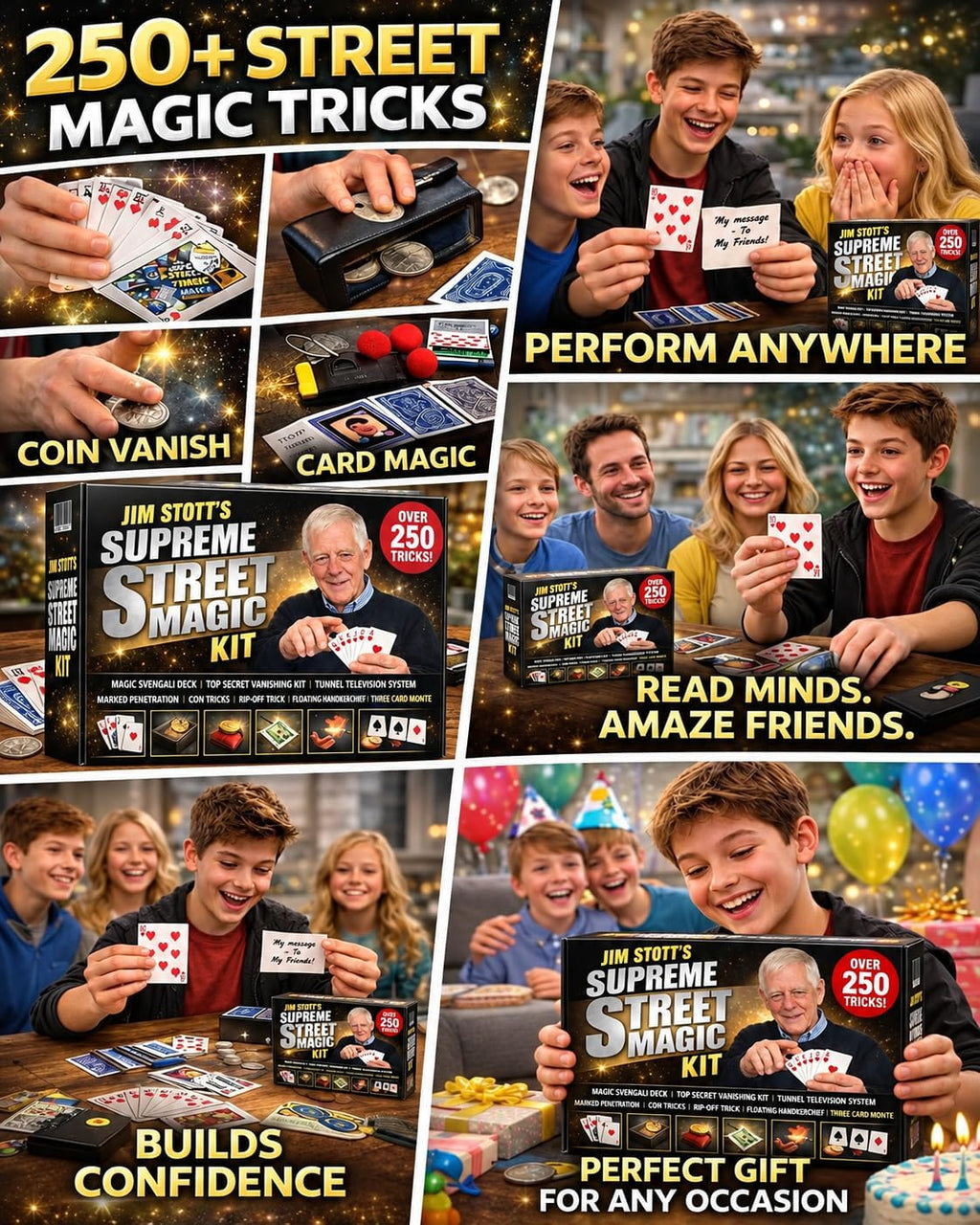 Jim Stott's Supreme Street Magic Kit – Más de 250 trucos de magia fáciles para niños a partir de 8 años, adolescentes y adultos | Trucos de cartas, magia de monedas