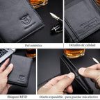 BULLCAPTAIN Cartera de cuero genuino plegable de gran capacidad para hombres con 15 ranuras para tarjetas QB-027