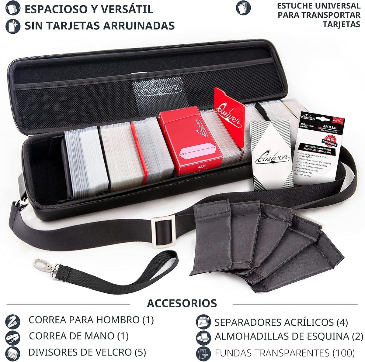 Funda Negra para Cartas de Quiver - Estuche para Baraja de TCG, Bolsa para Cartas de Juego (+ Correa para Muñeca y Hombro, Separadores, Dividers, Almohadillas para Esquinas + 100 Fundas