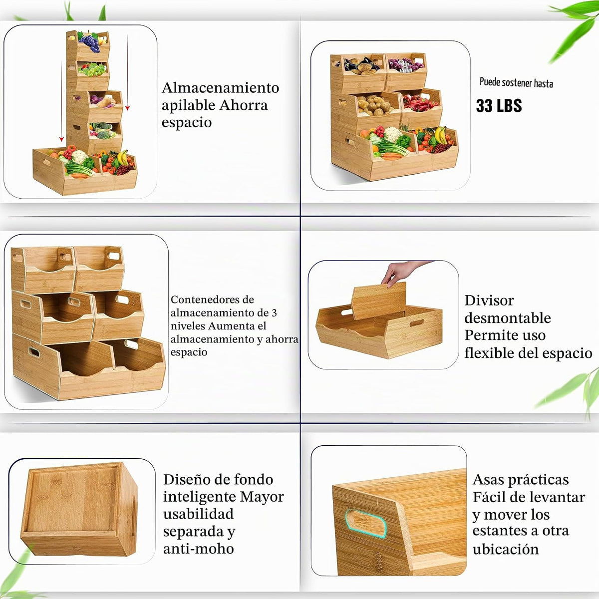 Contenedores de almacenamiento apilables de bambú de 3 niveles, cestas de