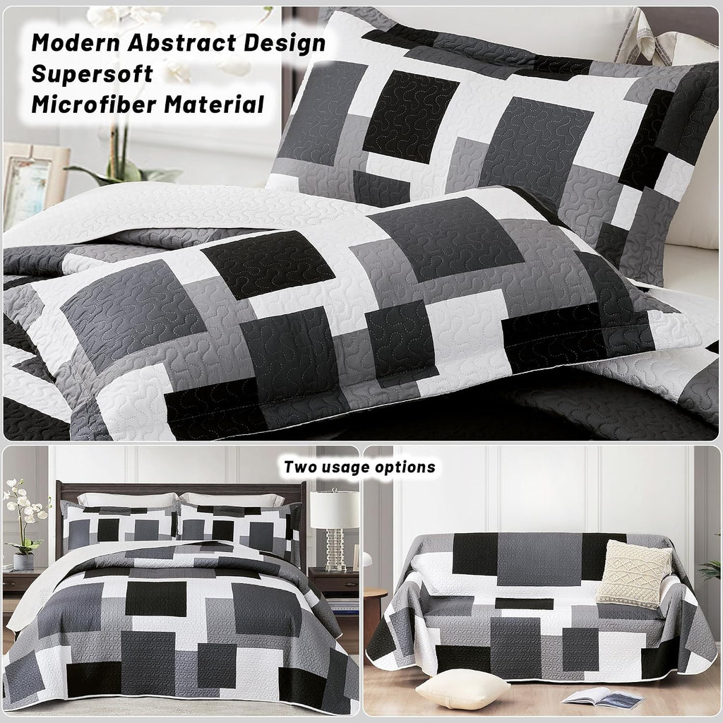 Juego de edredón de 3 piezas, color negro y gris, tamaño Full/Queen, juego de ropa de cama reversible geométrico negro y blanco, colcha ligera de microfibra con 2 fundas de almohada, fundas de
