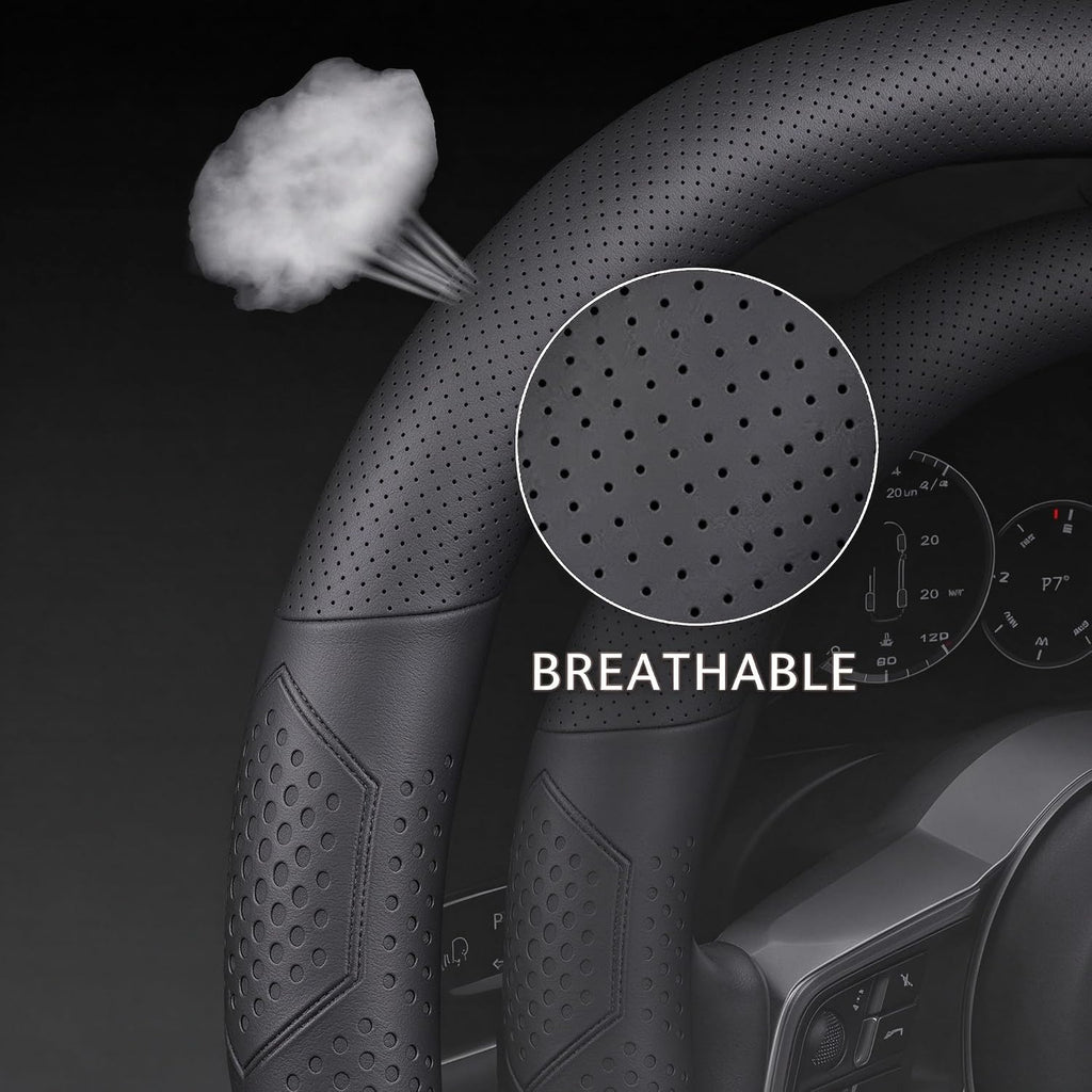 Funda de volante de cuero Yangday para Ford F150 F250 F350, 15.5-16 pulgadas, funda de volante para coche con antideslizante y transpirable (Negro)