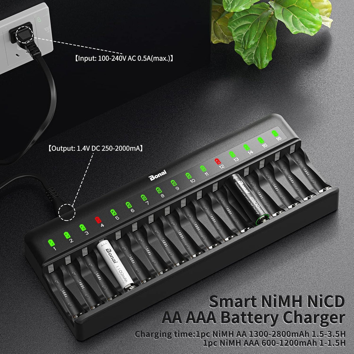 BONAI AA AAA Battery Charger 16 Bay para NiMH Rechargeable Batteries Independent Control con LED Light y Standard American AC carga Plug, Battery not Included - negro