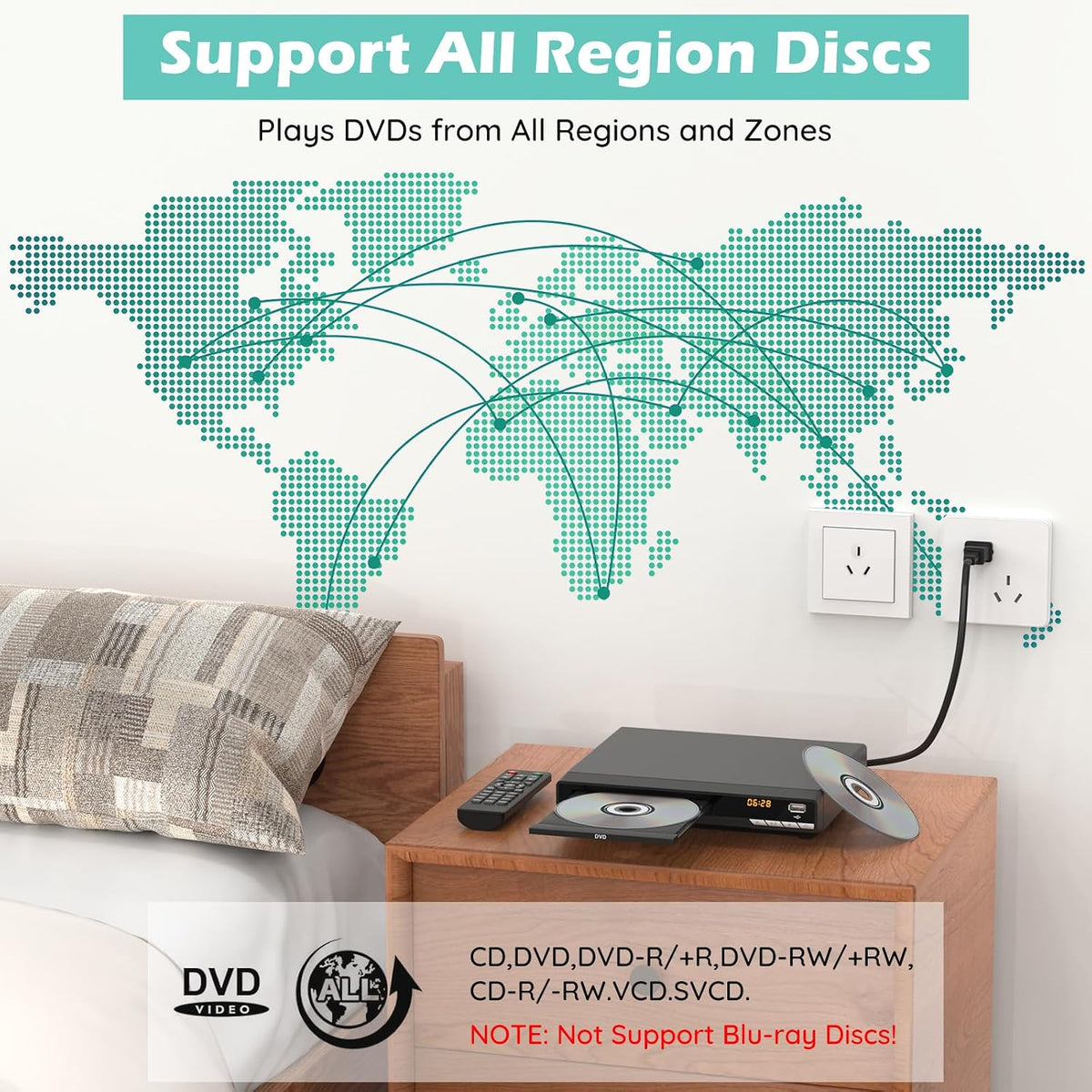 Reproductores de DVD para TV con HDMI, reproduce todas las regiones y formatos, reproductor de CD para el hogar, compatible con cables de video/CD/DVD/VCD/JPEG/USB, control remoto, HDMI y RCA
