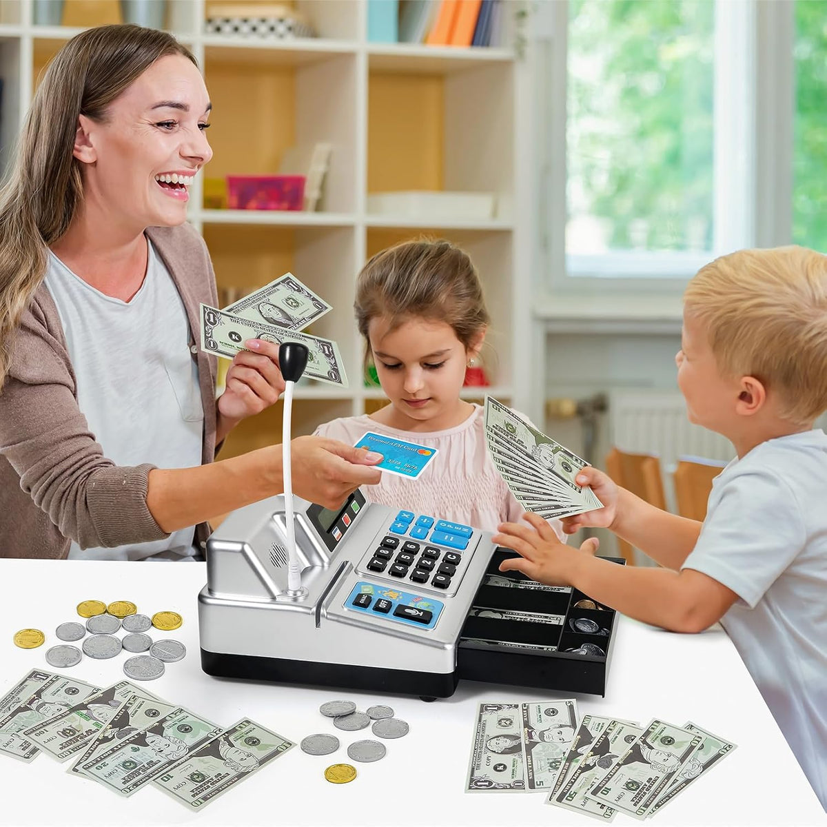 Calculadora Caja Registradora de Juguete Regalo para Niños de 3, 4, 5, 6, 7, 8+ Años, Juego de Tienda de Comestibles de Simulación de 103 Piezas con Dinero de Juguete, Micrófono, Tarjeta de Crédito
