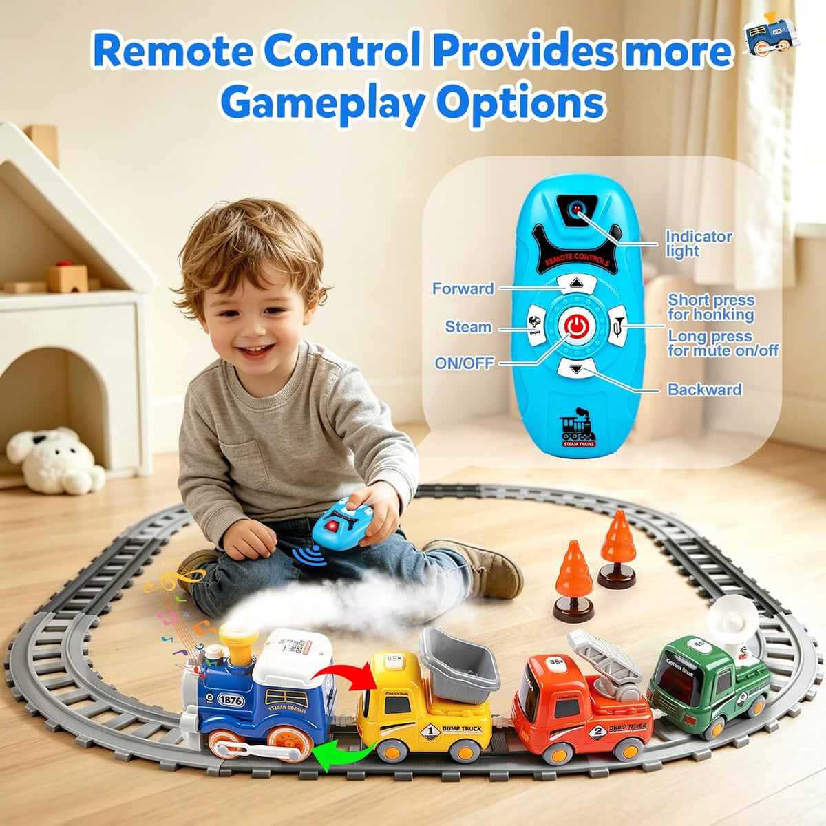 Juego de tren de vapor RC para niños, modelo eléctrico con humo y pistas