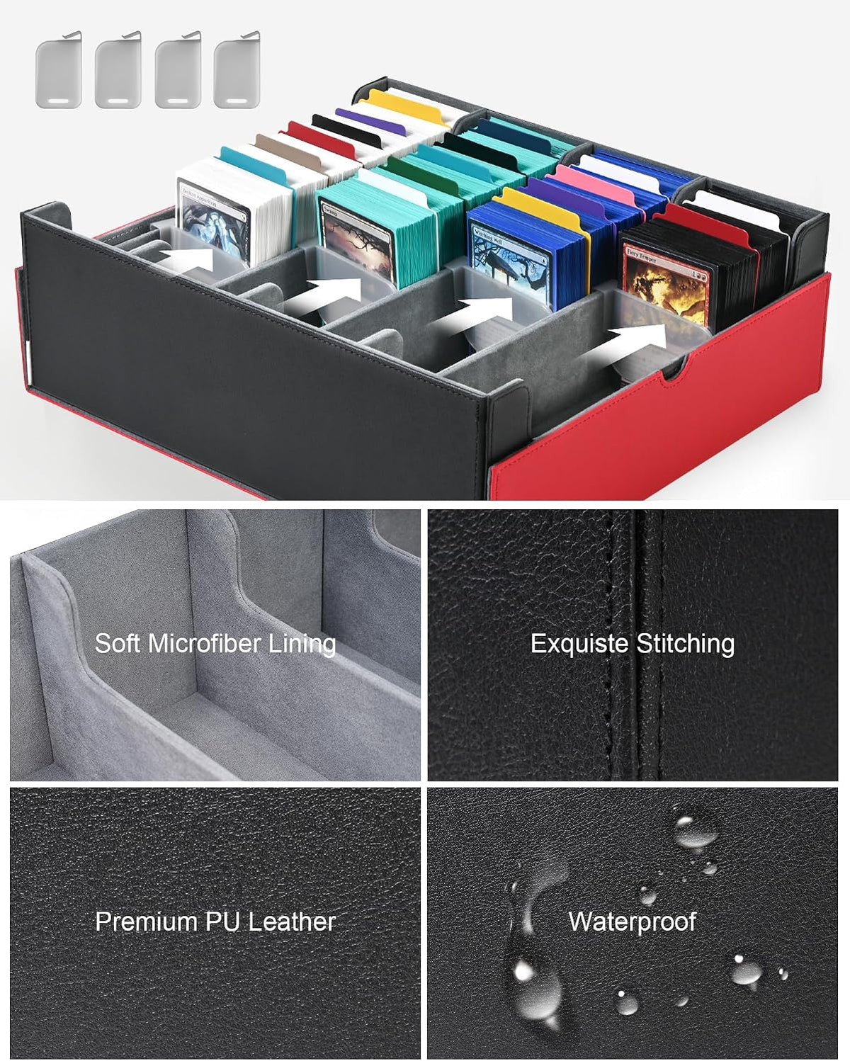 ZLCA Caja de almacenamiento de tarjetas con capacidad para más de 3200 unidades, funda de almacenamiento con 4 tapones, organizador de tarjetas para TCG MTG PTCG (rojo y blanco)