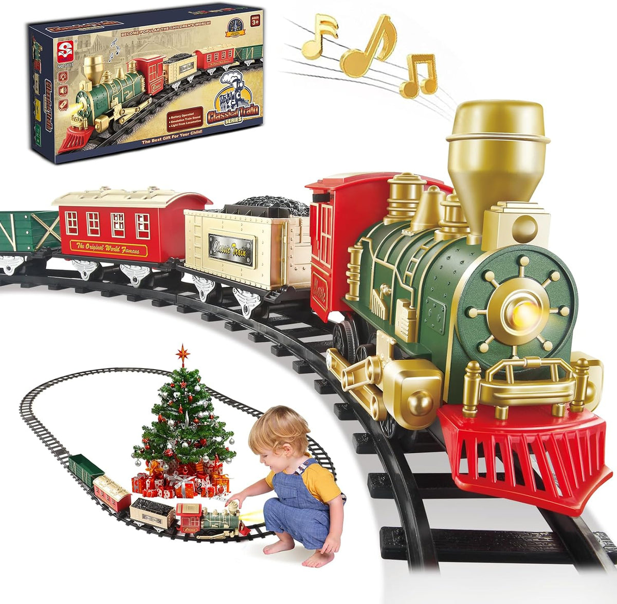 Juego de tren eléctrico para niños de 4 a 8 años, tren de juguete completo con luces y sonidos, juguetes de tren con autos y pistas para Navidad y juego durante todo el año