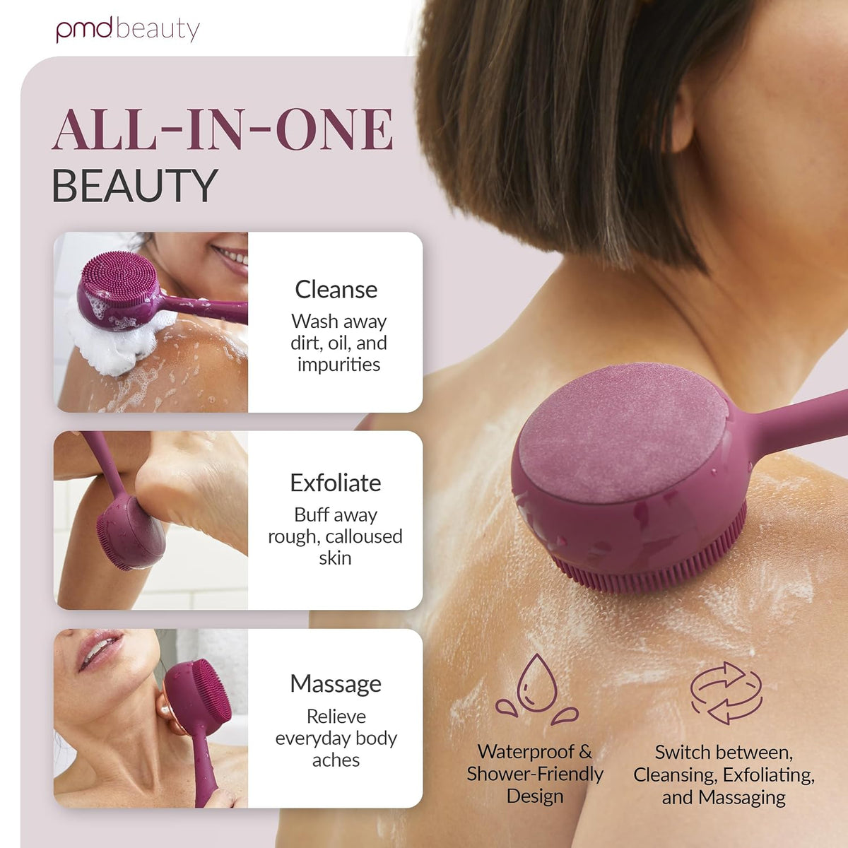 PMD Beauty Clean Body - Dispositivo Eléctrico Inteligente de Limpieza con Cepillo de Silicona y Tres Accesorios Intercambiables para Limpiar, Exfoliar y Masajear el Cuerpo