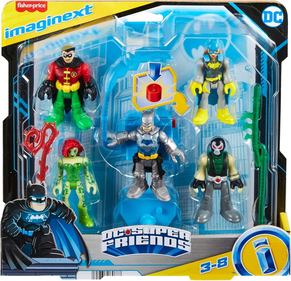Fisher-Price Imaginext DC Super Friends Juguetes Preescolares Batman Battle Multipack Juego de 9 Figuras con Mochila Iluminada para Niños de 3+ Años