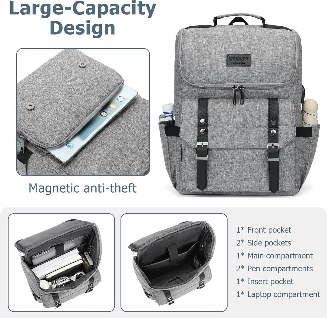 Mochila vintage para laptop con puerto de carga USB para mujeres y...