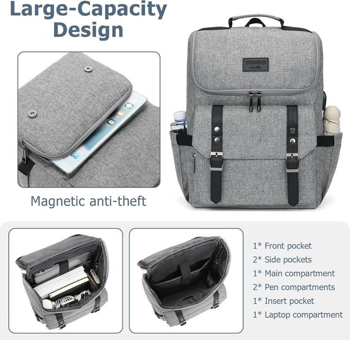Mochila vintage para laptop con puerto de carga USB para mujeres y...