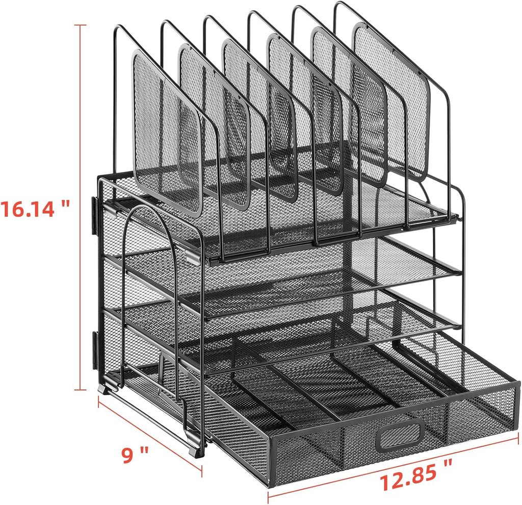 Lámpara Marbrasse Desk organizer with Drawer, 4-Tier Mesh File Organizer with 5 Vertical File Holders and 2 Pen Holders, Multifunction Desktop Organizer,Desk Organizers and Accessories for Home Office