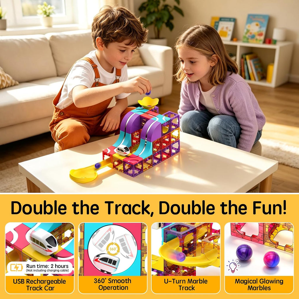 Juego de bloques de construcción magnéticos 3 en 1, 92 piezas, azulejos magnéticos, carrera de pelota y pista de tren de carreras, juguete educativo STEM para niños a partir de 3 años