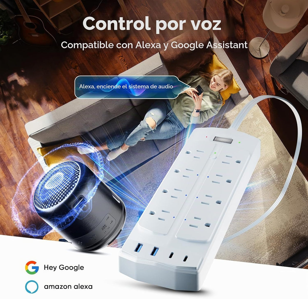 Lámpara Yozisital - Regleta de alimentación inteligente, estación de carga con 6 salidas inteligentes y 4 puertos USB, cable de extensión de enchufe plano de 5 pies para oficina en casa, compatible con Alexa y Google Home