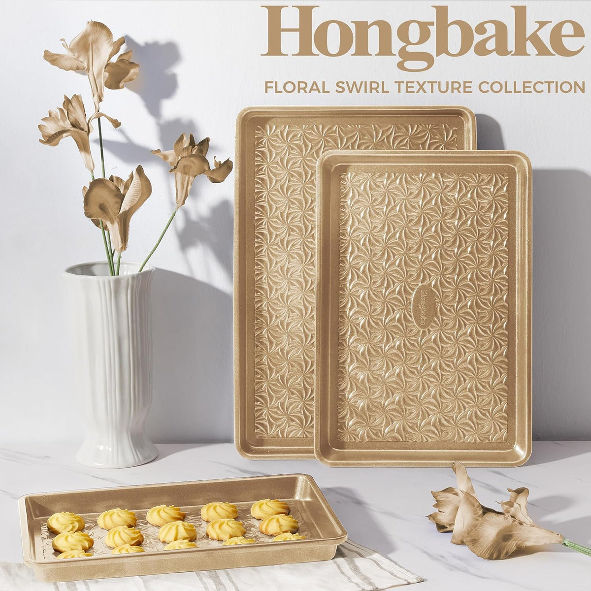 Juego de 3 bandejas antiadherentes para horno, bandejas de horno no tóxicas de medio cuarto/gelatina con textura de remolino floral, bandejas de horno resistentes de 0.031 in de grosor para