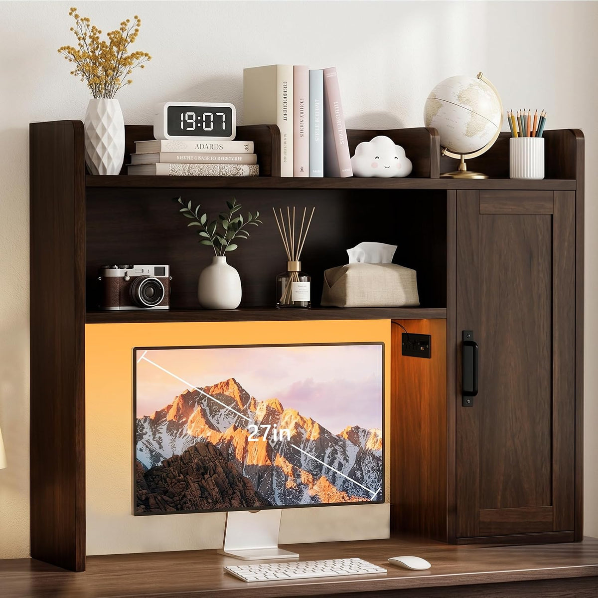 Estantería de escritorio, gabinete de escritorio con luces LED RGB