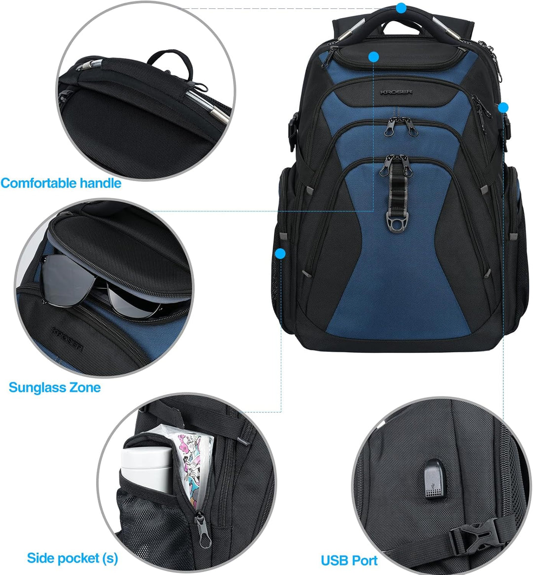 KROSER Mochila de viaje para laptop, Negro\/Azul neblina-18.4, 18,4...