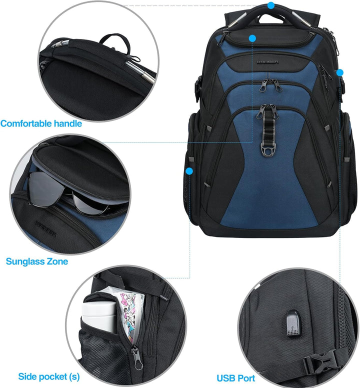 KROSER Mochila de viaje para laptop, Negro\/Azul neblina-18.4, 18,4...