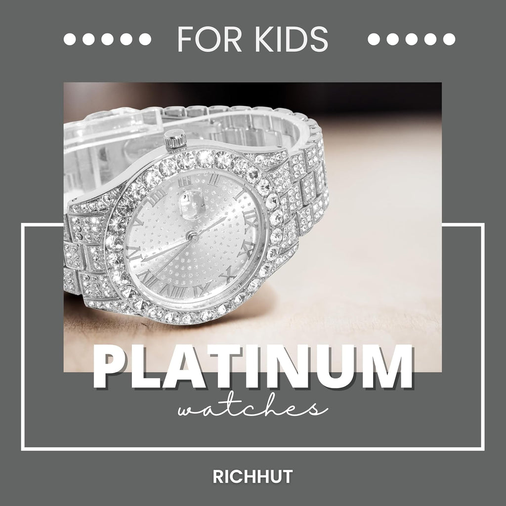 Reloj de Lujo con Diamantes para Niños y Adolescentes - Bling con Hielo 18K Chapado en Oro Real/Platino - Esfera Redonda de 43mm, Correa de 20.3 cm - Herramienta de Ajuste Incluida - Opcional