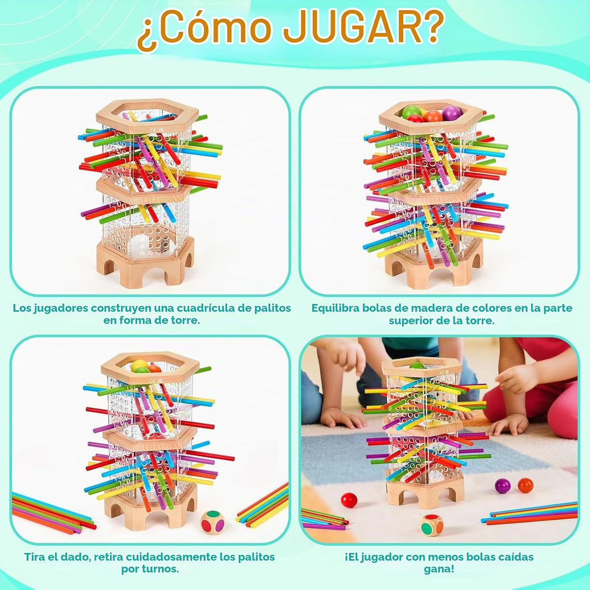 Montessori - Juego de mesa de madera con 42 palos y dados para niños de 3 a 6 años