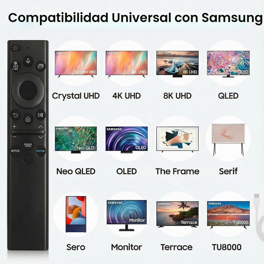 Control remoto de TV recargable para televisores inteligentes Samsung, compatible con Samsung Smart TV 2019-2026, carga solar, control de voz, carga rápida USB-C, garantía de 2 años