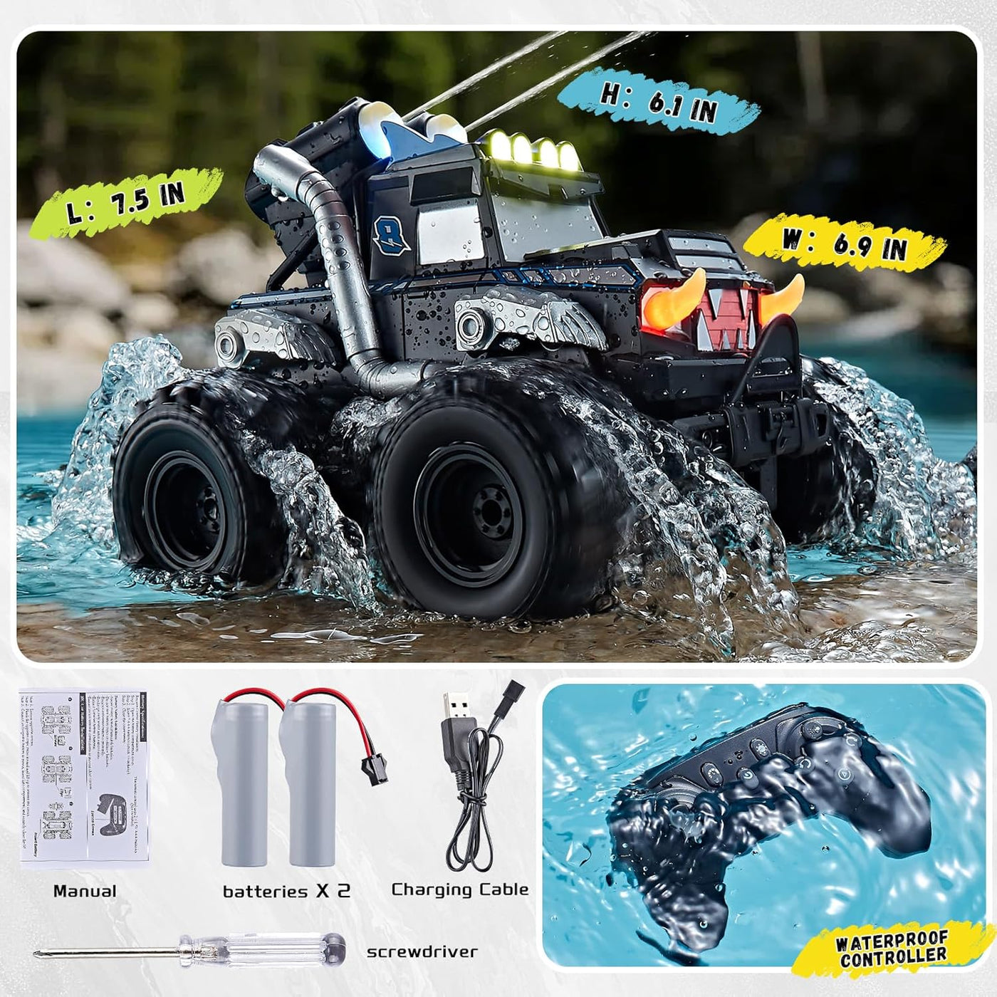 Calefwe Auto de control remoto anfibio 3 en 1, barco a control remo...