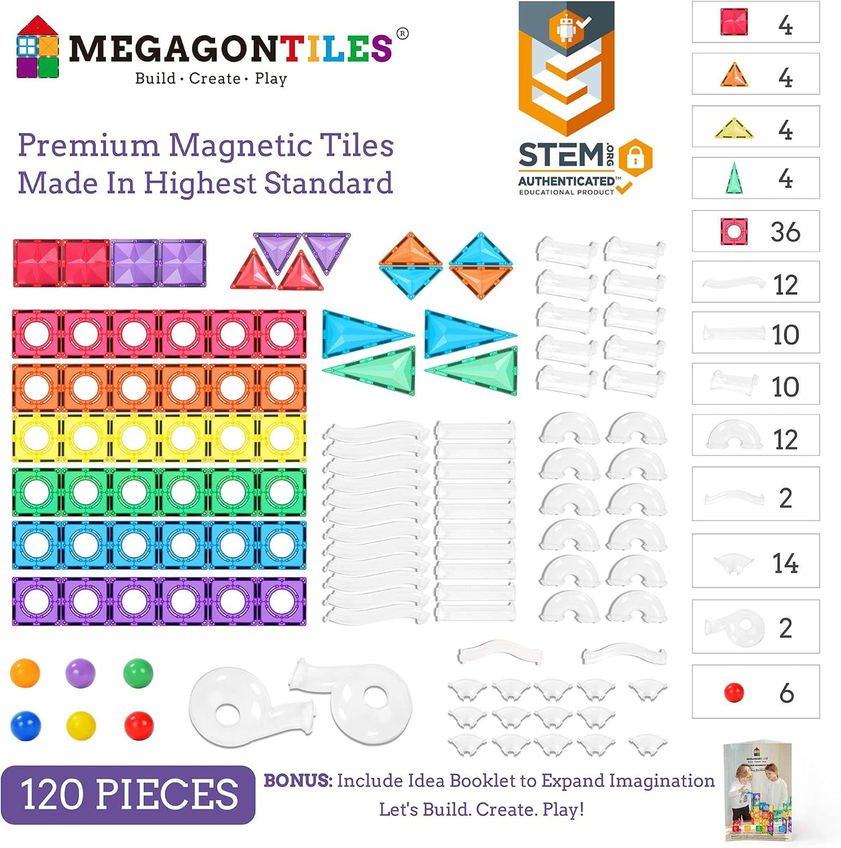 MEGAGONTILES Juego de azulejos magnéticos Marble Run de 120 piezas | Bloques de construcción magnéticos autenticados por STEM con piezas de pista de mármol | Juguete educativo de construcción para niños de 3 a 8 años (niños y niñas)