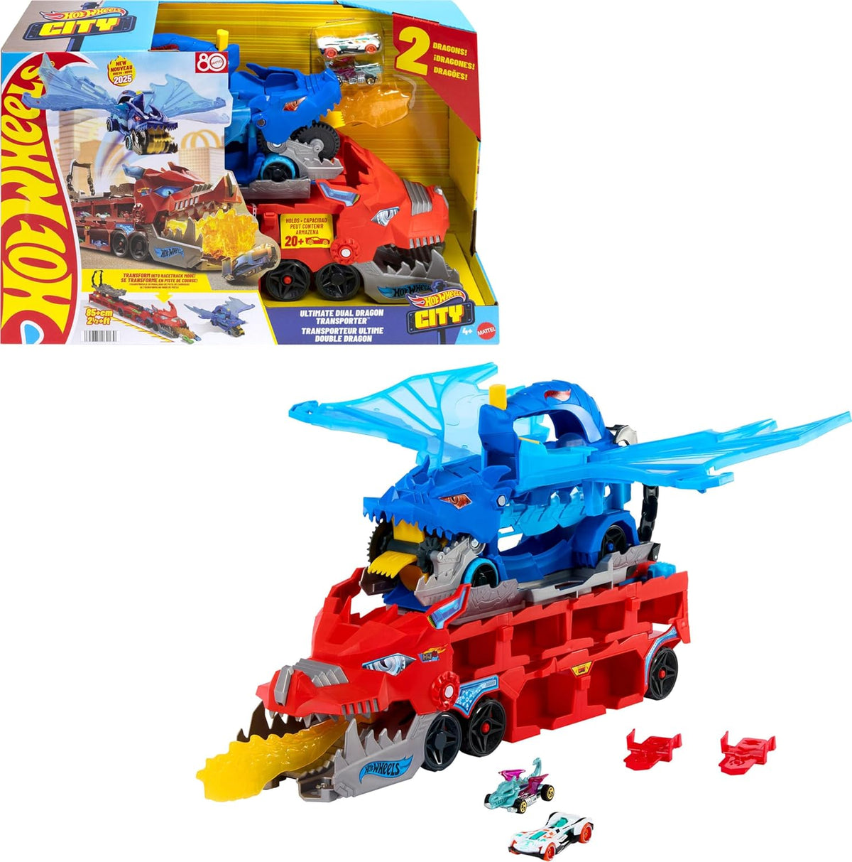 Hot Wheels City Ultimate Dual Dragon Transporter y 2 autos fundidos