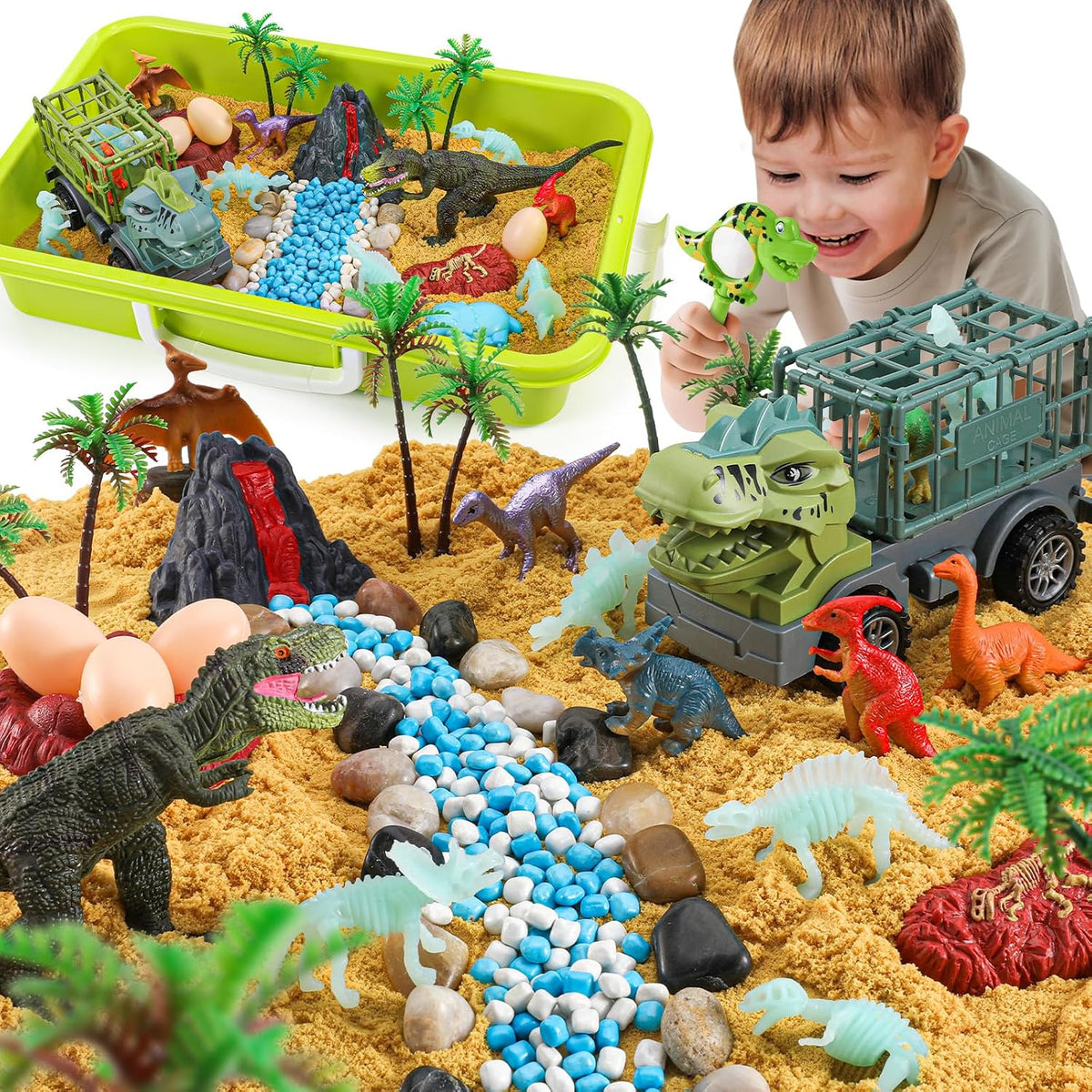 FRUSE Kit de Arena Sensorial de Dinosaurios, Arena para Cubeta Sensorial, Juguetes de Dinosaurios para Niños