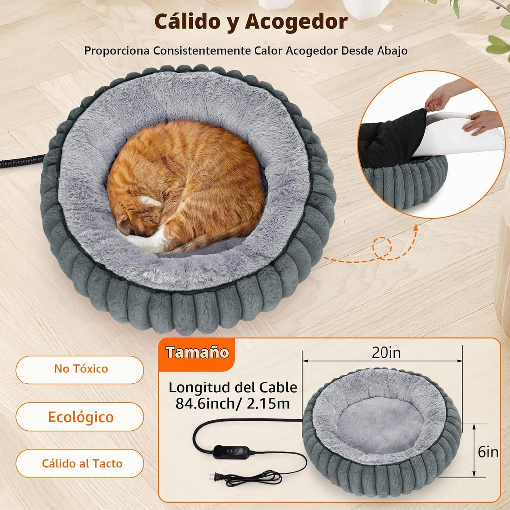 Camas calefactables para gatos de interior y perros pequeños, cama térmica de 20 pulgadas para mascotas con temporizador y temperatura ajustable, cama eléctrica extraíble e impermeable para gatos de interior