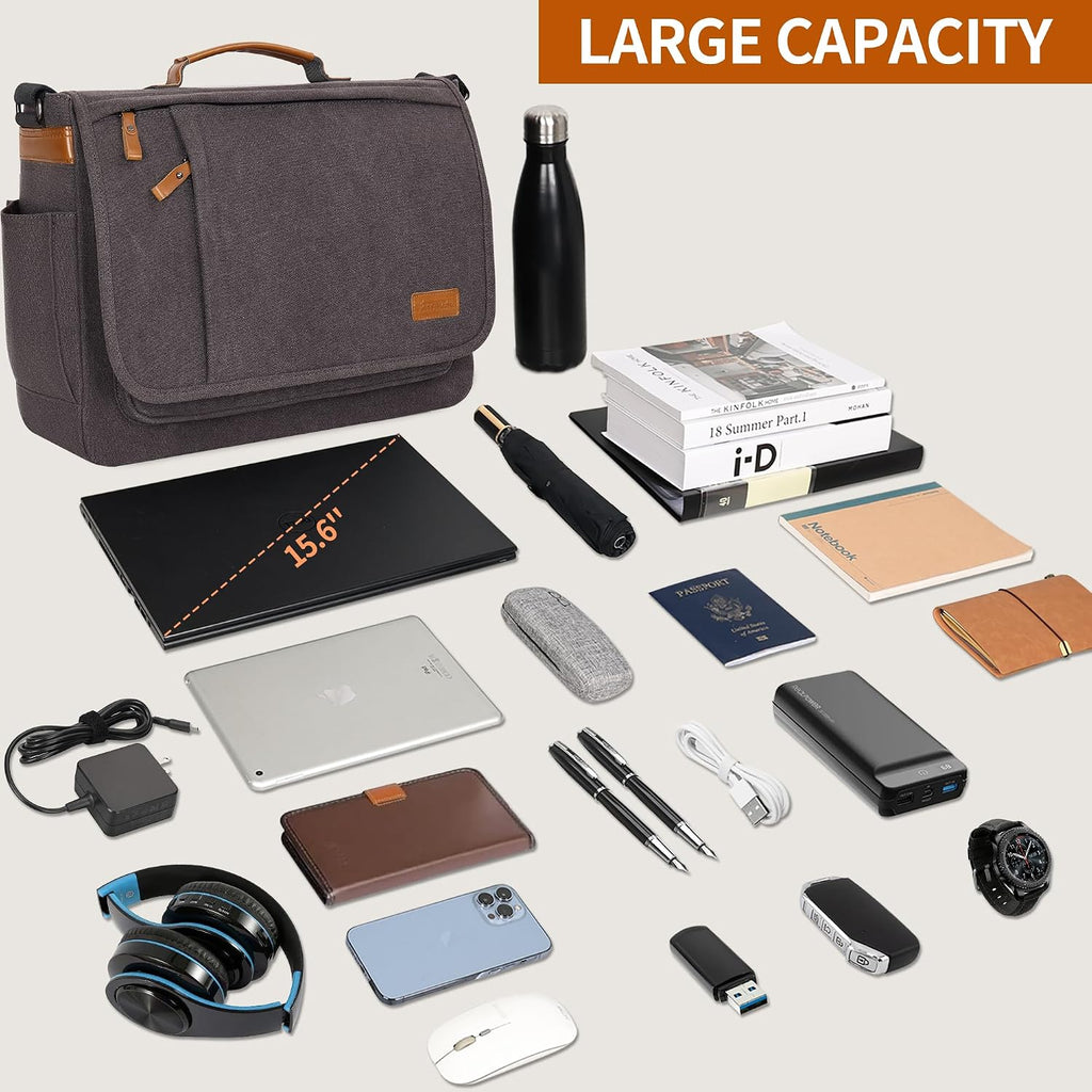 ESTARER Bolso de Mensajero para Computadora Resistente al Agua de Lona, Bolso de Hombro de 15.6 Pulgadas para Laptop para Viaje y Trabajo, Gris