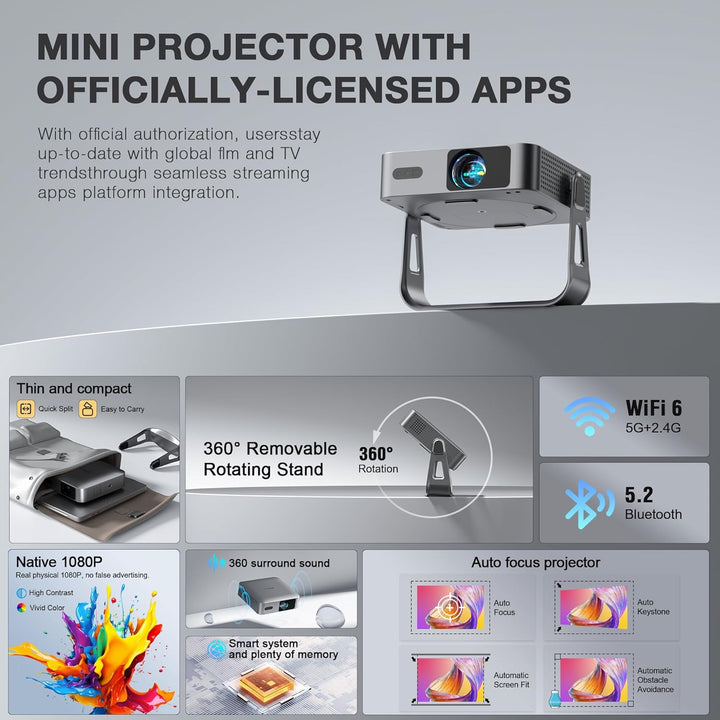 【Aplicación con licencia oficial y 1800 ANSI】Mini proyector intelig...