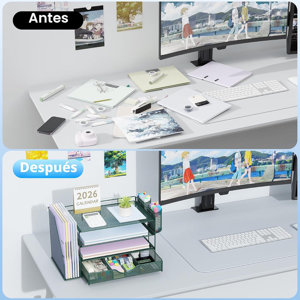 Lámpara gianotter Organizador de escritorio de 4 niveles con cajones, soportes para archivos, bandejas para cartas y soportes para bolígrafos, accesorios de espacio de trabajo para suministros de oficina