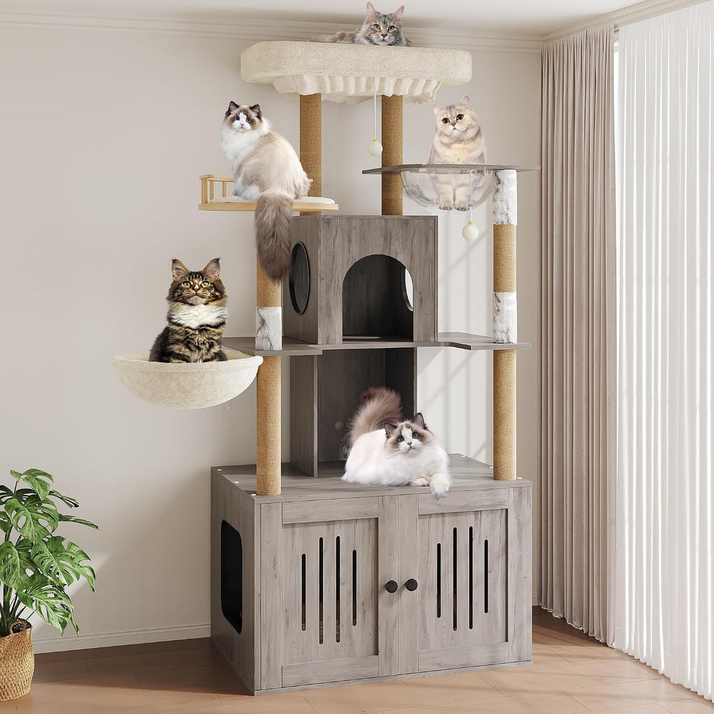 Árbol para gatos con caja de arena, torre para gatos de varios niveles con muebles ocultos, percha superior de felpa grande, postes rascadores de sisal, condominio para gatos y hamaca para gatos de