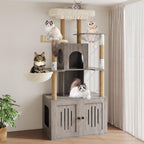 Árbol para gatos con caja de arena, torre para gatos de varios niveles con muebles ocultos, percha superior de felpa grande, postes rascadores de sisal, condominio para gatos y hamaca para gatos de